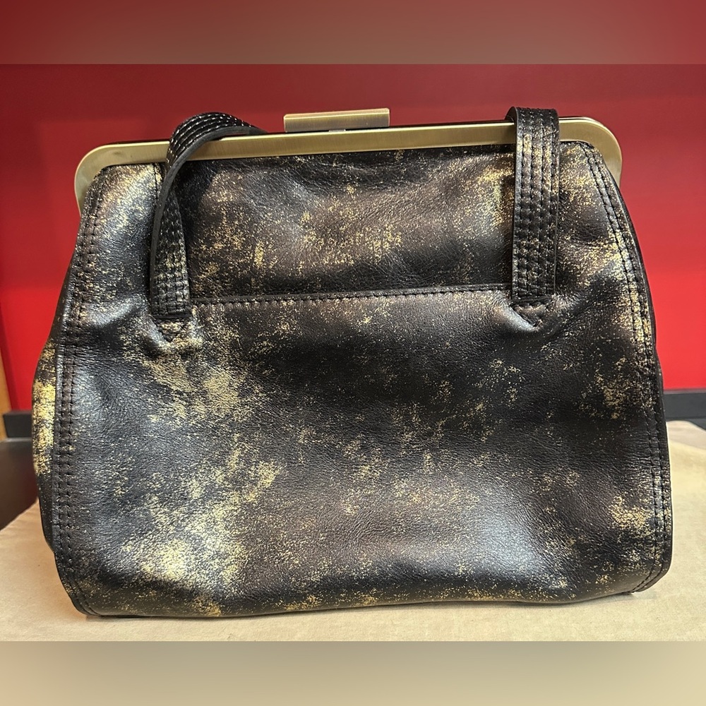NWT Patricia Nash Distressed Black & Gold Lamé Finish Dual Strap Leather Satchel - Picture 5 of 16